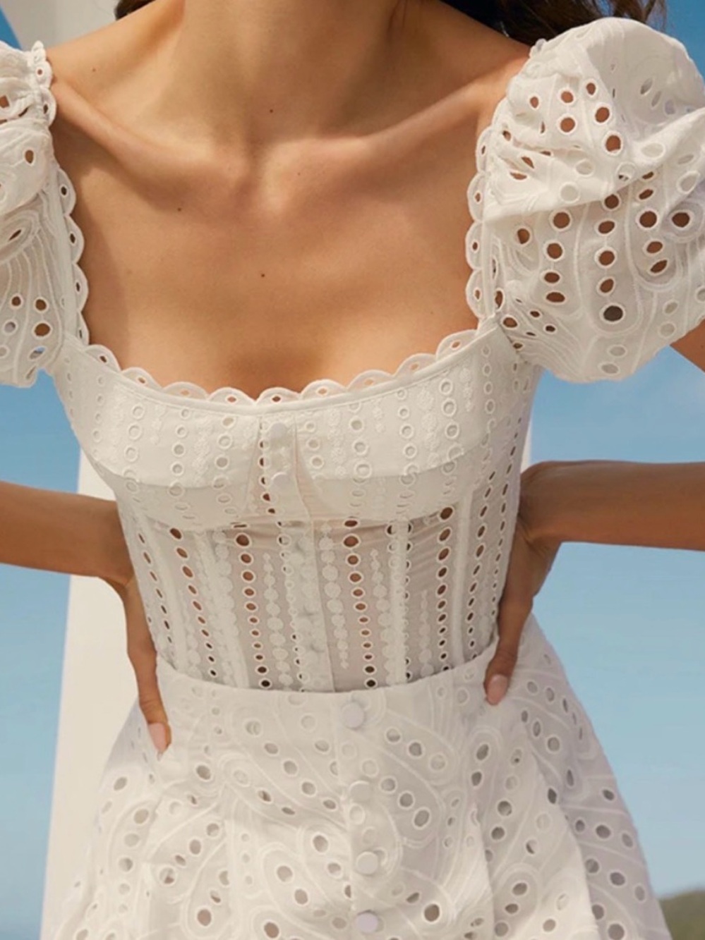 Charo Ruiz White Eyelet Puff Sleeve Corset Top